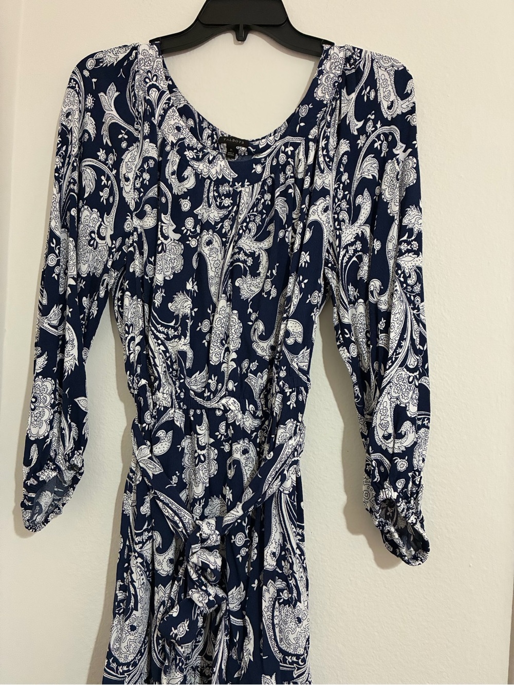 Talbots Navy and White Paisley Long-Sleeve Dress